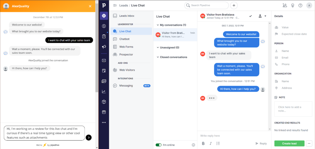 PipeDrive tiešsaistes čats no klienta un aģenta skatupunkta